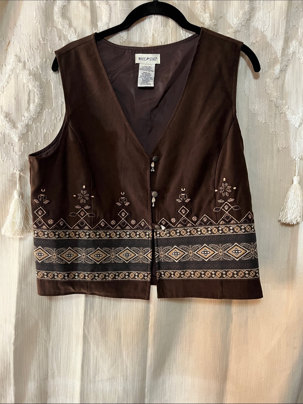 White Stag Brown Embroidered Cotton Vest with Neutral Accents